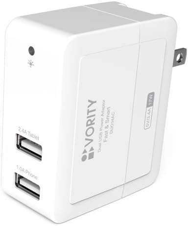 Dual USB Wall Charger 3.4A/17Watts [White] 2.4A/12W+1.0A/5W Universal Portable Travel AC Power Adaptor Swivel US Plug For Apple iPad Air/4/3/2, iPhone 6/5S/5C/5/4S/4/3GS, iPod, Samsung Galaxy Tab 3/2, Note 3/2, S 4/3/2, Motorola Droid Rarz Maxx, Nokia, HTC, Android, Blackberry &amp; Windows Phones &amp; Tablets, PSP, GPS, MP3/MP4, Cameras, Bluetooth Speakers/Headset, Battery Cases, Power Banks &amp; Most of USB2.0/USB3.0 Powered Devices. Vority Fast &amp; Smart DUO34AC - 2 Years Warranty!