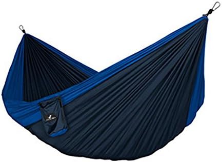 Double Camping Hammock - Lightweight Portable Nylon Parachute Hammock for Backpacking, Travel, Beach, Yard. Hammock Straps & Steel Carabiners Included (Blue/Navy)