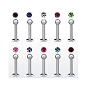 LB0003 / 5 Stck. Piercing Labret - Lippenpiercing 1,2 x 6 mm aus Chirurgenstahl mit Kristall 3 mm