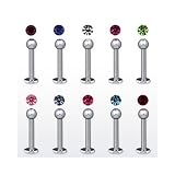 LB0003 / 5 Stck. Piercing Labret - Lippenpiercing 1,2 x 6 mm aus Chirurgenstahl mit Kristall 3 mm