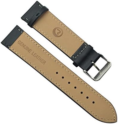 22mm Men's Vintage Regular Replacement Genuine Leather Silver Buckle Watch Strap/Watch Band (Black Stitch/Black)