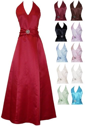 Satin Halter Dress Crystal Pin Prom Formal Prom Bridesmaid