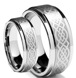 Men & Women 8MM/6MM Tungsten Carbide Wedding Band Ring Set w/Laser Etched Celtic Design (Available Sizes 4-14 Including Half Sizes)