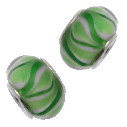 Acosta Beads - White & Green Murano Glass - Slide On & Off Bracelet Charms - Set of 2 (Silver Plated)