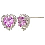 10k White Gold Heart Shaped Lab-Created Pink Sapphire and Diamond Earrings