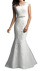 Round Neck Satin Mermaid Crystal Belted Lace Natural   Waistline Wedding Dress 