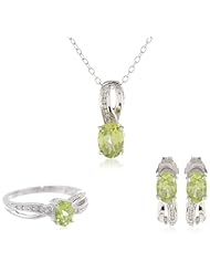 Sterling Silver Oval Peridot and Diamond Ring, Pendant Necklace, Earrings Box Set, Size 7