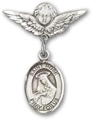 Sterling Silver Baby Badge with St. Rose of Lima Charm and Angel with Wings Badge Pin