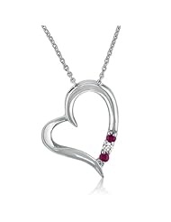 Three- Stone Ruby and Diamond Heart Pendant-Necklace set in Sterling Silver 18 inch
