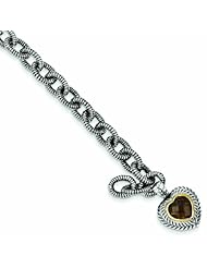 Sterling Silver with 14k Gold 5.24 Smokey Quartz 7.5in Heart Bracelet - Antique Boutique - Vintage Style - Jewelry