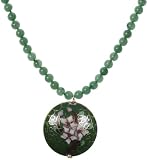 Gold Plated Sterling Silver Green Aventurine Beads with Green Cloisonne Flat Round Pendant Necklace