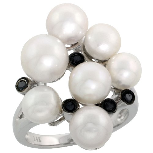 Discount 14k White Gold Multi Pearl Ring, w/ 0.10 Carat Brilliant Cut Black Diamonds & 6.0-7.5mm White