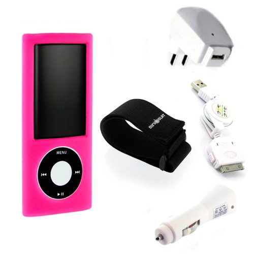(Hot Pink 5th Gen) 5 in 1 iPod Nano 5th generation silicone case bundle for 5th Gen Accessories skin cover, armband, car charger, home charger, USB cable