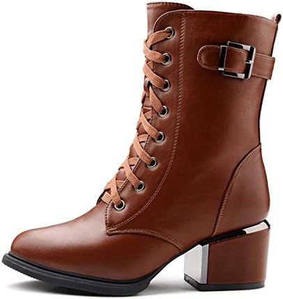 Women's Leather Mid Calf Martin Boots lace-up Army Combat Flat with side zipper metal Brown Shoes EU36