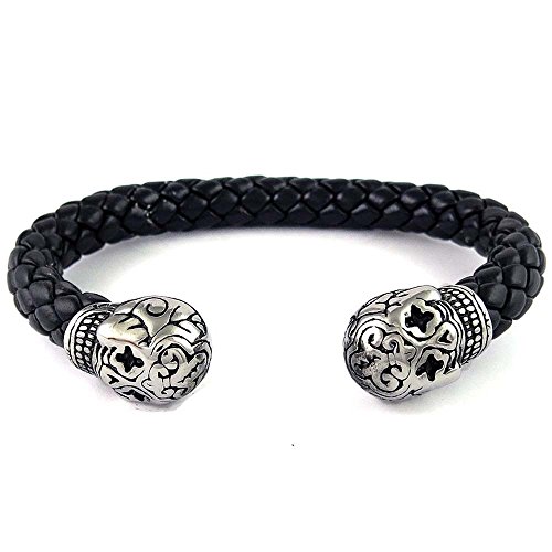 Jewelry Mens Leather Stainless Steel Skull Bracelet, Skull Charms Cuff Bangle