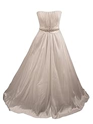 A-line Strapless Natural   Waistline Full-Skirt Gathered Jeweled Beaded Ruched Taffeta Wedding Dress  with a Chapel Train 