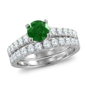 Natural Emerald Diamond Engagement Ring Bridal Set 18k White Gold (G, SI1, 1.65 cttw) Certificate of Authenticity