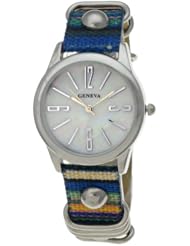 Geneva Blue Green Multi Color Stripe Band Womens Watch #11545