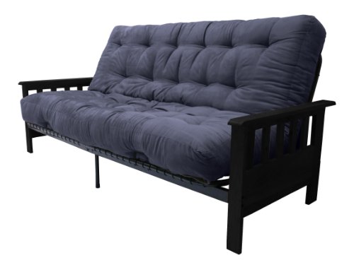 Epic Furnishings Portland 10-Inch Inner Spring Futon Sofa/Sleeper Bed, Queen, Black Arms Suede Dark Blue Upholstery On Sale