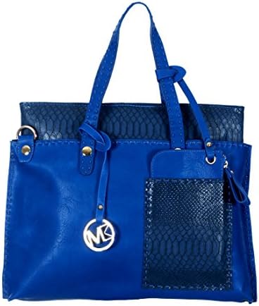 Tote Bag Style Purse with Snakeskin Texture Trim by Michael Michelle (Blue)