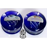 Pair of Glass Double Flared Amber Purple Jellyfish Plugs: 00g Cobalt