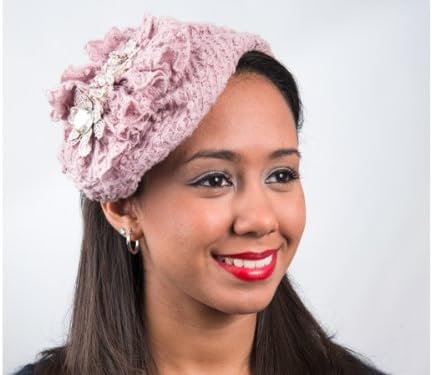 5740H - LACE FABRIC W/STONE FASCINATOR Cocktail Hat with headband - Dawn Pink