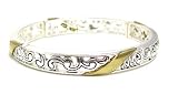 Just Give Me Jewels Oxidized Silvertone Stackable Stretch Filigree Scroll Bangle Bracelet with Goldtone Accents