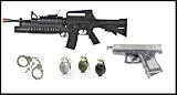 * M16 Lights and Sounds Machine Gun with Grenade Launcher + Stainless Steel handcuffs + 3 Realistic Ticking Toy Grenades with Removable Pins + Battery Operated toy gun Pistol