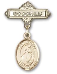 Gold Filled Baby Badge with St. Thomas the Apostle Charm and Godchild Badge Pin