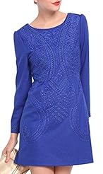 Cotton/Wool Long Sleeves Above the Knee Fitted Embroidered  Dress
