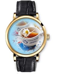 SPRAWL Aanalog Fashion Series Gold Ladies Watches of Genuine Black Leather Strap,Unique Wrist Watch for Women Girls Designed with Cup of coffee with flowers