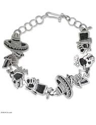 Sterling silver link bracelet, Skeletal Hat Dance - Mexican Day of the Dead Sterling Silver Link Bracelet