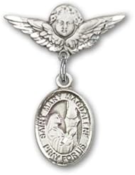 Sterling Silver Baby Badge with St. Mary Magdalene Charm and Angel with Wings Badge Pin