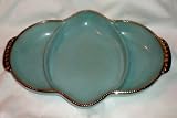 Fire King Turquoise Blue Relish Tray with 22K Gold Beaded Trim -- 11 1/8