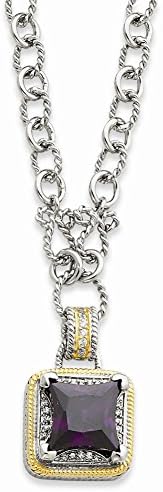 16" Sterling Silver & Flash Gold-plated Fancy Square Purple CZ Necklace
