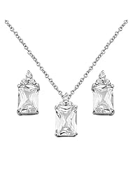 .925 Sterling Silver CZ Emerald Cut Earrings and Matching Pendant-Necklace Set with 1.2mm Cable Rolo Chain - 16"+2" Inches Extension