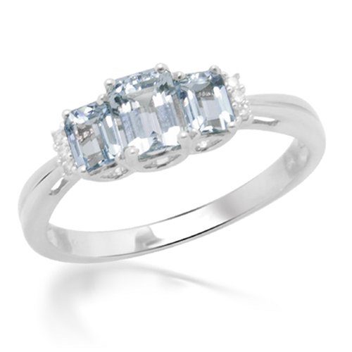 10k White Gold Aquamarine Emerald 3-Stone Ring w/ Diamond Accent