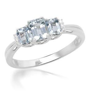 10k White Gold Aquamarine Emerald 3-Stone Ring with Diamond-Accent Size 9