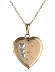 14k Gold Engraved Heart Two-Tone Triple Heart Applique and "I Love You" Locket Necklace, 18"