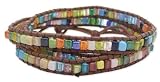 26 Brown Leather & Multi Square Mosaic Bead Wrap Bracelet