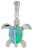 Sterling Silver Hawaiian Sea Turtle Pendant, Inlaid w/ Lab Opal 13/16 (21 mm) tall,