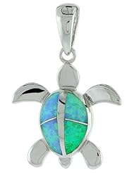 Sterling Silver Hawaiian Sea Turtle Pendant Synthetic Opal Inlay 13/16 inch tall,