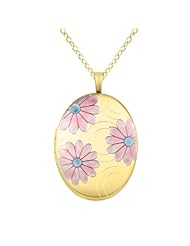 Sterling silver and 14k gold Oval Shaped Locket w/ Colored Flowers Necklace