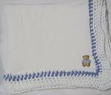 Knitted on Hand Knitting Machine White Cotton Hand Crochet Finished with Denim Cotton White Rayon Chenille Infant Boys Large Blanket Size 32 By 45 Inches Trimmed with Teddy Bear Patch
