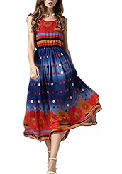Chiffon Round Neck Shift Belted Striped Print Floral Print Polka Dot Print Sleeveless Maxi Dress 