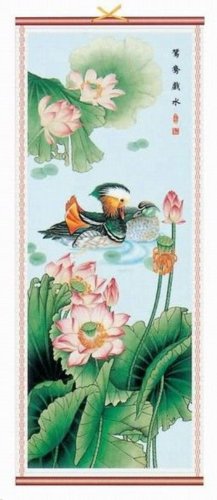 Asian Waterfowl ~ Mandarin Ducks and Lotus Blossoms ~ Rattan Scroll Picture Art Home Decor