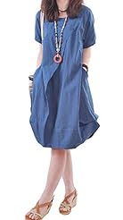 Cotton/Linen Pleated Short Sleeves Shift  Dress