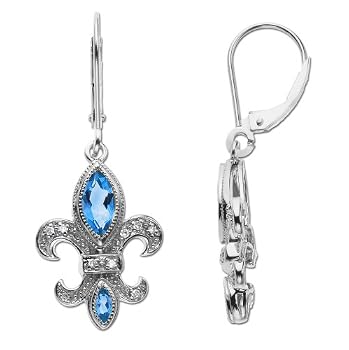 14k White Gold Blue Topaz and Diamond Fleur-de-Lis Earrings