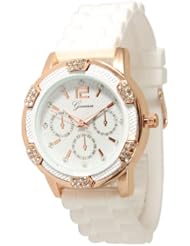 Womens White Rose Gold Chronograph Silicone with Crystal Rhinestones Bezel