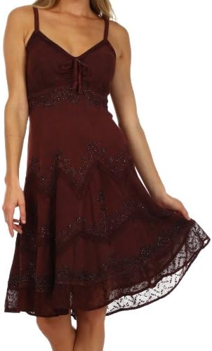 Sakkas Stonewashed Rayon Embroidered Adjustable Spaghetti Straps Mid Length Dress